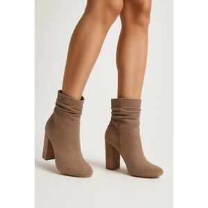 Rhinestone Womens 8.5 Taupe Faux Suede Ankle Boots Block Heel Slouchy Glam Party